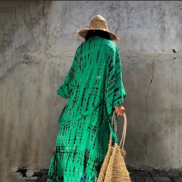 SOLD OUT Green Tie Dye Boho Swim Coverup Kimono Robe - Picture 3 of 3